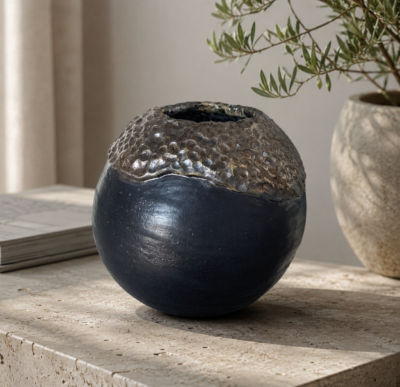 Vase i mat sort og metaleffekt.
